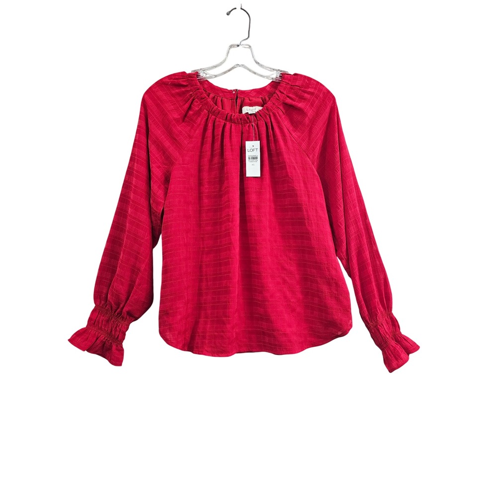 LOFT Blouse Women XS Red Plaid Smocked Ruffle Cuff Long Sleeve Lined Keyhole Top
